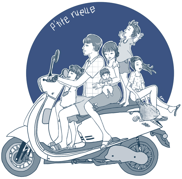 Vietnamese family on a scooter heading towards Ptite Ruelel restaurant