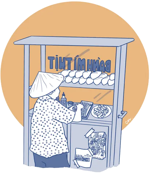 Take Away illustration showing a vietnamese woman selling street food